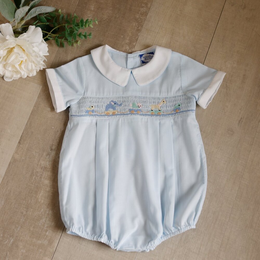Boy's Blue Smocked Romper Creeper Pull Toy Embroidery Boutique NEW